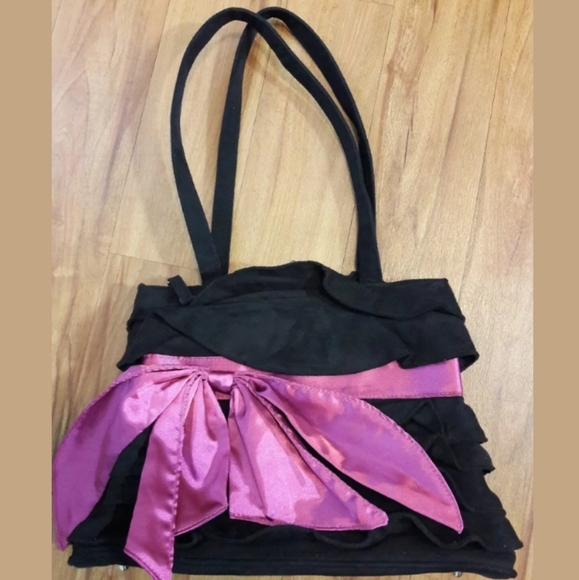 Jazza Handbags - Jazza Black Faux Suede Ruffled Tote Shoulder Bag